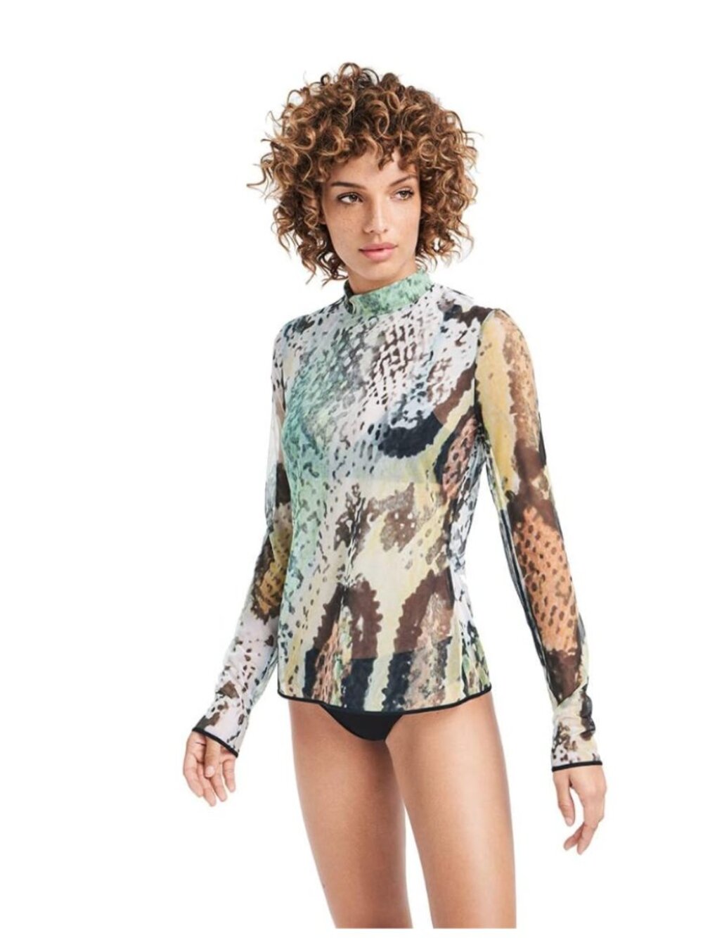 Wolford Tulle Sheer Pullover Rollneck Collar Blouse in Reptile Print L Abstract